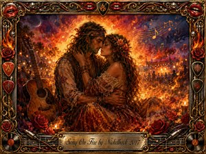 A bohemian couple embraces tenderly beside an acoustic guitar amid glowing flames, roses, and drifting musical notes at a twilight festival. Fiery oranges, reds, golds, and smoky blues create a passionate, nostalgic mood. Painterly oil, acrylic, and watercolor textures glow within an ornate chrome-and-gold music-themed frame.