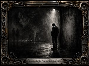 A solitary figure stands beneath a stark shaft of light in a rain-slicked, shadowy urban passage, surrounded by deep charcoal darkness and ghostly fading faces. Silvery grays, black textures, and wet reflections create a brooding, melancholic mood, framed by ornate chrome, gold filigree, speakers, guitar strings, cables, and an engraved title plate. SongData_StandingInTheDark_Nickelback_2022