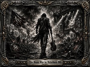 A lone guitarist strides through a devastated industrial battlefield toward a blazing concert stage, surrounded by smoke, rubble, torn banners, and shattered equipment. Deep charcoal blacks, metallic grays, and faint ember reds create a fierce, confrontational mood. Dramatic spotlights pierce storm clouds, while an ornate barbed-wire steel frame reinforces the rugged rock aesthetic.