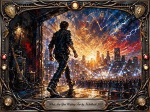 A determined young man strides from a shadowed backstage doorway toward a blazing city concert, beneath a giant glowing clock that symbolizes urgency and opportunity. Electric blues, fiery golds, and crimson accents energize the textured acrylic style, while dramatic stage lights, crowds, guitars, cables, and an ornate chrome-and-gold rock frame amplify the hopeful momentum.