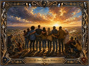 A diverse group stands shoulder to shoulder on a rocky overlook, united beneath a radiant golden sunrise spreading across a distant town and dramatic clouds. Warm amber, blue, and bronze tones create an uplifting mood. Expressive oil-paint textures, helping gestures, and an ornate music-themed metallic frame emphasize solidarity, compassion, hope, and shared strength.