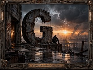 A lone figure sits beside a colossal ruined concrete G overlooking a decaying industrial city at sunset. Storm clouds, smoke, rusted structures, wet reflective pavement, and exposed cables create a bleak dystopian mood. Warm orange light contrasts with charcoal gray architecture, framed by intricate weathered metalwork and mechanical details.