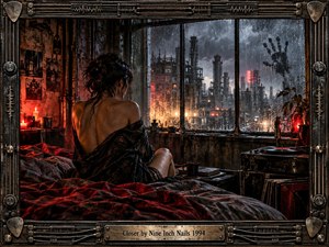 A solitary woman sits on a rumpled bed inside a rain-soaked industrial loft, facing a bleak factory skyline beyond streaked windows. Red candlelight and neon glow contrast with cold gray rain, creating a tense, intimate mood. Mechanical framing, records, pipes, weathered surfaces, and a mysterious handprint reinforce the gritty cinematic atmosphere.