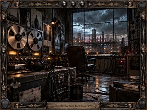 A dark industrial recording studio overlooks a rain-soaked city beneath turbulent clouds. Vintage reel machines, synthesizers, tangled cables, headphones, and an empty leather chair create an isolated, tense atmosphere. Warm amber equipment lights cut through cold blue-gray shadows, while a distressed metal frame reinforces the gritty, cinematic character.