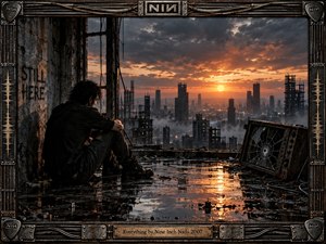 A solitary figure sits inside a decaying industrial ruin, overlooking a dark futuristic city beneath a fiery orange sunset. Wet floors mirror the fading light while broken concrete, exposed wires, and a shattered television create an uneasy atmosphere. A weathered metal frame reinforces the gritty, cinematic digital style.