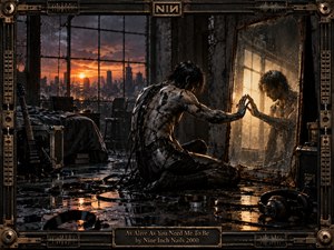 A fractured human-machine figure kneels in a rain-soaked industrial studio, reaching toward its reflection in a cracked mirror. Fiery sunset light contrasts with blackened metal, wet floors, cables, instruments, and decaying walls, creating a tense, introspective atmosphere. Intricate mechanical framing reinforces the dark, handcrafted industrial aesthetic.