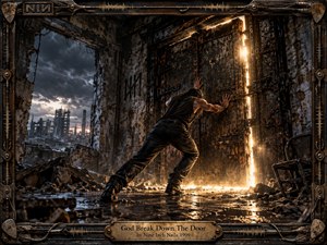 A lone figure strains against a colossal rusted door inside a ruined industrial building as fierce golden light cuts through the darkness. Storm clouds, shattered architecture, wet rubble, and corroded metal create a tense post-apocalyptic mood, framed by intricate mechanical hardware, cables, waveform details, and weathered bronze ornamentation.