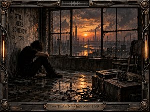 A solitary figure sits inside a decaying industrial room, framed by cracked windows overlooking smokestacks beneath a fiery orange sunset. Rusted metal, scattered debris, reflective puddles, tangled cassette tape, and a black rose create a brooding atmosphere. Detailed digital realism combines deep shadows, warm reflections, mechanical textures, and dystopian melancholy.