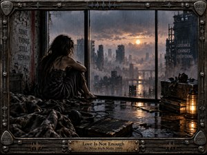 A solitary figure sits beside a rain-streaked window overlooking a decaying industrial city at sunset. Cold blue-gray architecture contrasts with amber light reflecting across wet floors. Distressed metal framing, tangled cables, headphones, a worn notebook, dark roses, and weathered textures create a brooding, intimate atmosphere of isolation and emotional exhaustion.