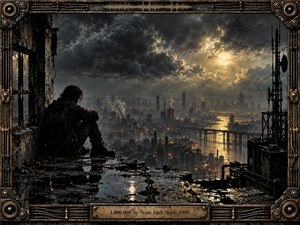 A solitary figure sits on a rain-soaked industrial rooftop overlooking a sprawling, smoke-filled city beneath turbulent charcoal clouds. Golden light breaks through the storm, reflecting across a winding river and distant towers. Intricate mechanical framing, weathered metal, cables, gears, and dark textures reinforce the bleak, restless industrial atmosphere.