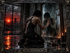 A battered figure kneels before a stained mirror in a decaying industrial room, confronting a shadowed reflection. Fiery sunset light cuts through factory windows, glowing across wet concrete, candles, cables, and a fallen rose. Distressed metal framing, rust, grime, and deep blacks create a tense, brooding cyber-industrial atmosphere.