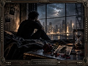 A solitary man sits hunched on a dark bed before rain-streaked windows overlooking a glowing industrial city. Cold blue-gray shadows and warm amber lights create a mood of isolation and longing. A wilted rose, scattered petals, photograph, and hourglass deepen the melancholy within a weathered metal frame.