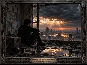 A solitary figure sits inside a ruined industrial room, staring through shattered windows toward a devastated city beneath turbulent storm clouds. Warm orange sunlight pierces the gray skyline, reflecting in dark puddles among rubble and abandoned photographs. A distressed metal frame, cables, hardware, and waveform details reinforce the bleak industrial atmosphere.