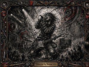 A wild singer-guitarist erupts at center stage amid swirling charcoal smoke, speaker vibrations, cables, drums, and reaching crowd silhouettes. Harsh spotlights slice through the dense black-and-gray scene, accented by deep red streaks and metallic gold. An ornate rock-themed frame surrounds the chaotic composition, ending in an engraved title plate.