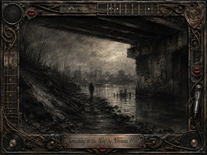 A solitary figure stands beneath a massive bridge beside dark, reflective water, framed by rubble, bare branches, mist, and a distant industrial skyline. Deep charcoal textures and smoky grays create a lonely, subdued atmosphere, while dim silvery light breaks through the haze. An ornate distressed music-themed frame adds metallic strings, records, cables, and red lips.