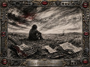 A solitary figure sits on a bleak, windswept plain beside a battered electric guitar, scattered sheet music, broken strings, and coiled cables. Deep feathered charcoal textures create a brooding grunge atmosphere, softened by smoky gray light and muted crimson accents. An ornate chrome-and-gold musical frame surrounds the stark, introspective composition.