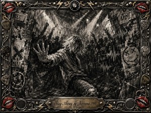 A solitary figure recoils with an outstretched hand amid a chaotic grunge crowd, torn posters, scratched sound waves, and harsh stage beams. Deep charcoal blacks and smoky grays create a tense, defiant mood. An ornate metal frame of red lips, picks, wires, studs, and gold accents surrounds the dramatic composition.