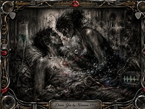 A haunting charcoal-style scene shows two figures locked in an intimate, uneasy connection within a shadowy hospital-bedroom setting. Tubes, bubbles, cables, speakers, and a glowing monitor swirl around them in smoky black, gray, muted blue, green, and crimson. Ornate chrome-and-gold musical framing and red lips intensify the surreal grunge atmosphere.