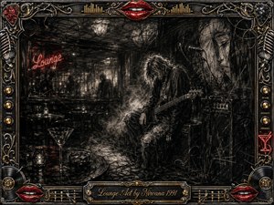 A solitary bassist slumps in a smoky, abandoned lounge, surrounded by empty tables, amplifiers, cables, and fractured shadows. Deep charcoal blacks and grays create a raw, brooding atmosphere, punctuated by red neon and glossy lips. An ornate chrome-and-gold musical frame surrounds the scene, with the engraved title plate below.
