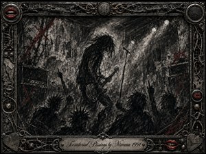 A shadowy guitarist surges through a chaotic underground concert, surrounded by raised hands, smoky spotlights, and distressed charcoal textures. Black, gray, silver, and muted crimson create a fierce, rebellious mood. An ornate metal frame of wires, rivets, red lips, and gothic details encloses the raw grunge-inspired composition.