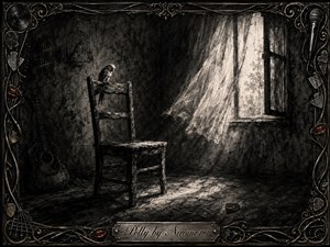 A haunting charcoal scene shows a small bird perched on a battered wooden chair in a shadowy, abandoned room. Pale window light streams through a billowing curtain, illuminating dusty floorboards and a forgotten acoustic guitar. Ornate metallic framing, musical motifs, red lips, and engraved details deepen the melancholic, gothic atmosphere.