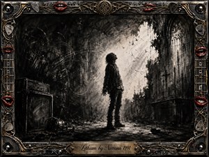 A solitary figure stands amid a ruined, cathedral-like interior, gazing toward a torn opening of pale light. Deep feathered charcoal textures, smoky blacks, grays, scratches, and swirling marks create a brooding grunge atmosphere. An ornate chrome-and-gold rock frame, accented with red lips, guitar picks, strings, and metalwork, surrounds the scene.