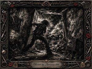 A lone, windblown rocker pushes through a shattered doorway into a storm-darkened suburban night, surrounded by splintered walls and debris. Deep charcoal blacks, smoky grays, and sharp silver highlights create a tense, rebellious mood. An ornate metallic frame of wires, speakers, gold accents, and red lips completes the gritty grunge composition.