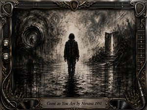 A solitary figure walks through shallow reflective water toward a hazy light, surrounded by shadowy portals, an open doorway, distant raised hands, and drifting birds. Deep charcoal textures create a haunting, introspective mood. An ornate chrome-and-gold music-themed frame, with strings, records, cables, and engraved title plate, completes the composition.