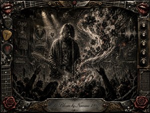 A shadowed grunge guitarist performs beneath harsh stage lights as charcoal smoke, dark blossoms, and drifting red petals spiral through an energetic crowd. The monochrome composition feels raw, brooding, and chaotic, accented by tarnished gold and crimson. An ornate rock-themed metal frame surrounds the scene, with roses, guitar hardware, amplifier controls, and an engraved title plate.