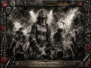 A brooding charcoal concert scene centers on a disheveled guitarist surrounded by a shadowy drummer, bassist, raised crowd hands, smoke, and harsh stage lights. Deep blacks, ash grays, muted reds, and gold accents intensify the rebellious mood. An ornate metal frame of cables, picks, studs, lips, and rock hardware completes the gritty composition.