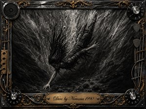 A lone, long-haired figure plunges headfirst through a turbulent underwater abyss, surrounded by bubbles, swirling currents, and rocky darkness. Feathered charcoal textures create a raw, haunted mood, while sharp highlights cut through black and gray shadows. An ornate chrome-and-gold music-themed frame encloses the scene, finished with strings, knobs, picks, and an engraved title plate.