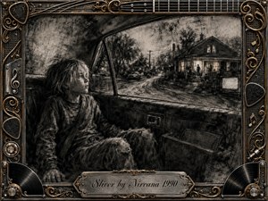 A solemn child sits in the back seat of a worn car, gazing toward a dim suburban house and rain-darkened street. Deep charcoal textures, smoky blacks, muted grays, and soft highlights create a nostalgic, uneasy mood. An ornate chrome-and-gold music-themed frame surrounds the scene, with an engraved title plate below.