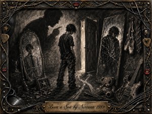 A solitary young man stands in a decaying room between cracked mirrors, scattered childhood relics, and a looming parental shadow. Feathered charcoal textures, smoky blacks, dusty grays, and stark doorway light create a tense, rebellious mood. An ornate gold-and-chrome music-themed frame, red lips, cables, and engraved title plate complete the composition.