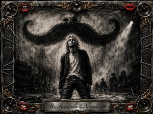 A defiant grunge figure stands beneath an enormous shadowy moustache in a scarred, charcoal-textured urban setting. Harsh spotlighting cuts through smoky darkness, while distant silhouettes deepen the uneasy mood. An ornate chrome-and-gold rock frame surrounds the monochrome scene, accented by vivid red lips, speakers, wire, and an engraved title plate.