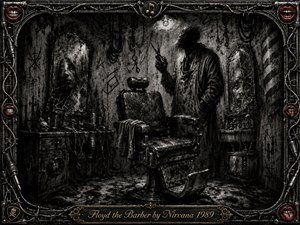 A shadowy barber looms beside a battered leather chair in a decaying barbershop crowded with cracked mirrors, hanging cords, skulls, and rusted tools. Deep feathered charcoal textures and stark overhead light create a claustrophobic, nightmarish mood, while restrained red lips, chrome filigree, and musical hardware ornament the elaborate frame and engraved title plate.