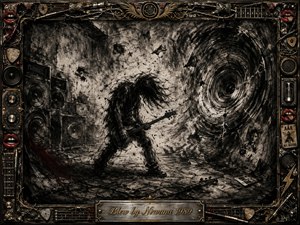 A lone bassist braces against a violent sonic vortex inside a shattered rehearsal space, surrounded by amplifiers, flying debris, and swirling charcoal dust. Deep blacks, smoky grays, muted crimson, and tarnished gold create a tense grunge atmosphere. An ornate rock-themed frame of strings, knobs, lips, and metalwork encloses the explosive composition.
