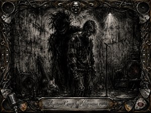 A gaunt, solitary figure slumps beneath a harsh hanging light in a decaying rehearsal room, while a monstrous charcoal shadow looms behind him. Ornate chrome, gold, guitar-string, skull, microphone, and pick motifs frame the monochrome scene. Dense blacks, smoky grays, scratched textures, and a worn title plate create a bleak, haunted grunge atmosphere.