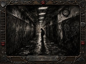 A solitary student stands in a decaying school hallway, surrounded by battered lockers, scattered papers, graffiti, and harsh fluorescent light. Deep feathered charcoal textures create a bleak, claustrophobic mood, while smoky blacks and grays dominate. An ornate rock-inspired metal frame with gold accents, red lips, strings, and engraved title plate completes the composition.