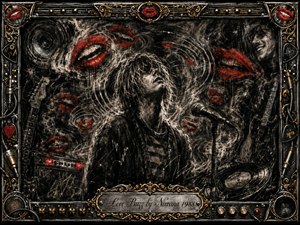 A shaggy-haired musician tilts his face upward in a smoky grunge dreamscape, surrounded by swirling sound rings, ghostly figures, guitars, a microphone, and vivid red lips. Deep charcoal blacks and silvery grays dominate, lit by stark highlights and small red glows. An ornate chrome-and-gold rock frame and engraved title plate complete the dramatic composition.