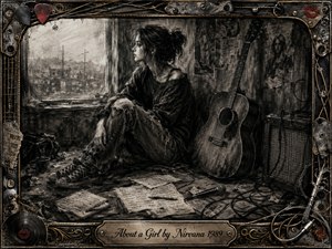 A solitary young woman sits beside a rain-hazed window in a worn rehearsal room, surrounded by an acoustic guitar, microphone, tangled cables, scattered notes, and an amplifier. Deep charcoal textures, smoky grays, soft highlights, and gritty shadows create a wistful grunge mood, framed by distressed metal, strings, picks, and ornate gold details.