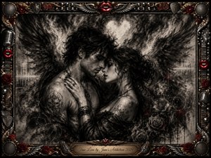 A charcoal-rendered couple leans intimately together amid swirling smoke, feathered shadows, roses, and a glowing heart-shaped light. The dramatic grayscale composition conveys passion, vulnerability, and gothic romance, accented by vivid red lips and roses. An ornate chrome-and-gold rock-themed frame surrounds the scene, with microphones, guitar details, wings, and an engraved title plate.