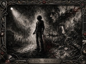 A solitary singer stands beneath a harsh spotlight in a ruined, smoke-filled stage landscape, gripping a trailing microphone cable amid shattered guitar fragments and scattered picks. Deep charcoal blacks, ash grays, and restrained crimson accents create a bleak, anguished mood, framed by ornate chrome, gold filigree, barbed wire, red lips, and musical hardware.