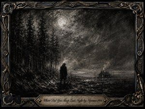 A solitary figure stands beneath a pale moon at the edge of a dense, shadowed pine forest, facing a distant cabin across a bleak misty landscape. Deep charcoal blacks, smoky grays, and silvery highlights create a mournful, mysterious mood, while an ornate metallic frame of tangled guitar strings, cables, rivets, and picks surrounds the scene.