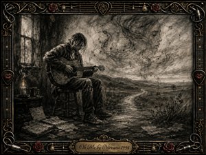 A solitary guitarist sits beside a dim window, surrounded by scattered pages and candlelight as a winding road fades into a dreamlike landscape. Deep feathered charcoal creates a quiet, introspective mood, while smoky musical notes form an ethereal face overhead. An ornate black-and-gold frame, roses, strings, and red lips complete the vintage composition.
