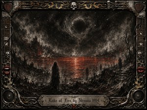 A shadowy figure stands before a glowing lake of fire beneath a turbulent, star-flecked sky, surrounded by scorched rocks and ghostlike silhouettes. Deep charcoal blacks and smoky grays contrast with ember-red reflections. Rich feathered textures create an ominous, dreamlike mood, framed by ornate metal, skulls, guitar details, and crimson lips.