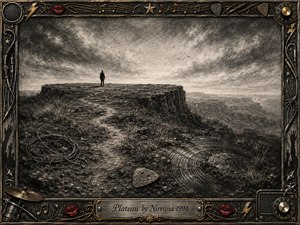 A solitary figure stands atop a stark rocky plateau beneath a vast, stormy sky, surrounded by sweeping canyon depths and a winding path. Deep charcoal textures, smoky grays, and muted metallic highlights create a brooding, contemplative mood. Guitar strings, a worn pick, vinyl grooves, and an ornate rock-themed frame add symbolic musical details.