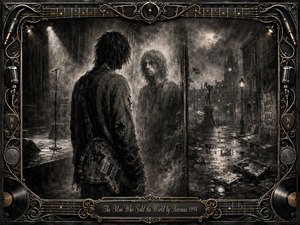 A solitary grunge musician confronts a ghostly double between an abandoned stage and rain-darkened city street. Deep charcoal textures, smoky grays, silvery highlights, fog, and dramatic spotlights create a haunting, introspective mood. An ornate black-and-gold musical frame surrounds the scene, with microphones, guitar strings, vinyl records, and engraved title plate.