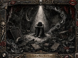 A solitary figure sits hunched beneath a harsh spotlight in a ruined, debris-strewn music room, surrounded by broken amplifiers, drums, records, cables, and drifting feather-like bubbles. Deep charcoal blacks, smoky grays, muted reds, and antique metallic accents create a bleak, introspective mood, framed by elaborate gothic rock-and-roll ornamentation.