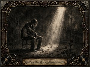 A solitary musician sits bowed over an acoustic guitar in a shadowy chapel-like room, surrounded by scattered roses and worn floorboards. A pale sunbeam cuts through charcoal darkness, creating a solemn, introspective mood. Ornate gold-and-black musical framing, vinyl records, guitar strings, and engraved lettering complete the gothic, handcrafted composition.