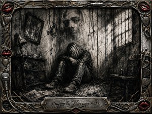 A solitary figure sits hunched in a decaying, claustrophobic room, surrounded by cracked walls, hanging cords, warped furniture, and barred window shadows. Deep feathered charcoal textures create a bleak, restless mood, accented by silver, gold, and vivid red details. An ornate grunge-rock frame incorporates strings, picks, cables, microphones, and an engraved title plate.